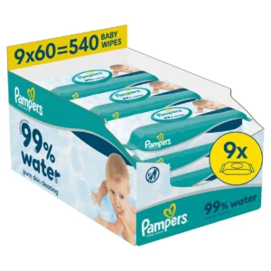 Pampers Water Wipes drėgnos servetėlės su 99% vandens, 9 x 60 vnt. (540 vnt.) – DĖŽĖ