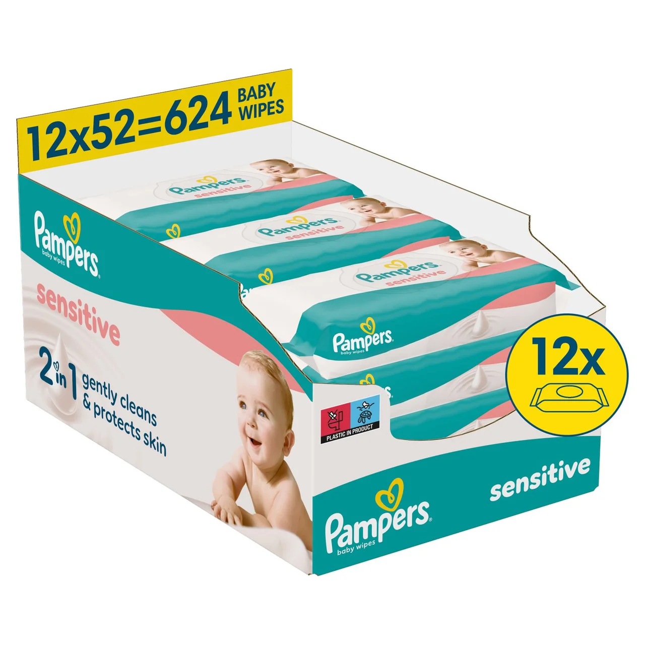Pampers Sensitive 2-in-1 drėgnos servetėlės jautriai odai, 12 x 52 vnt. (624 vnt.) – DĖŽĖ