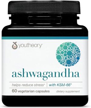 Youtheory Ashwagandha KSM-66 ašvagandos papildas, 60 vegetariškų kapsulių (30 d. kursas)