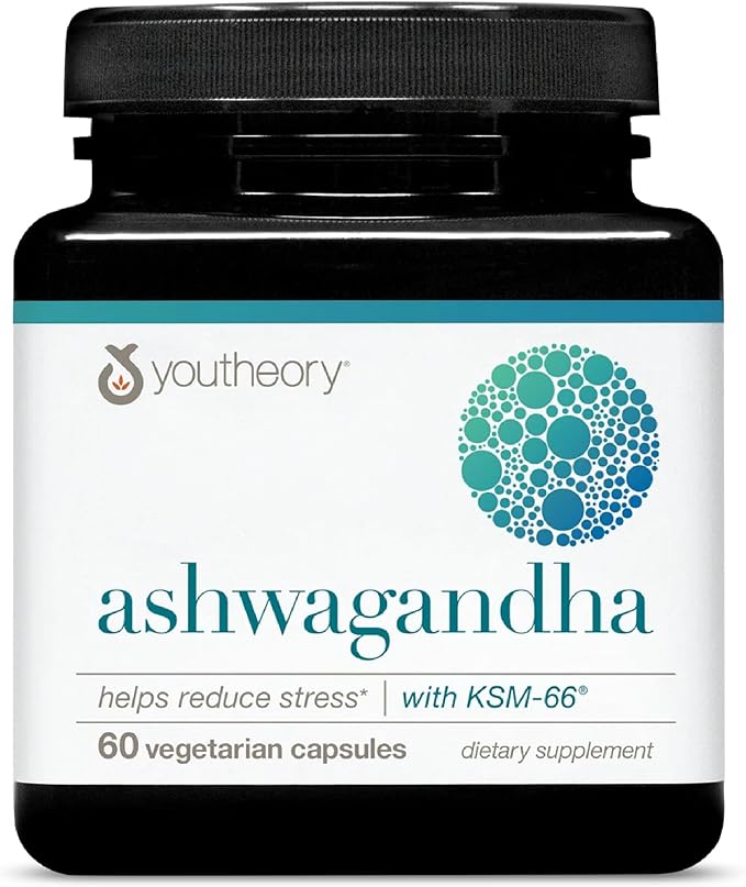 Youtheory Ashwagandha KSM-66 ašvagandos papildas, 60 vegetariškų kapsulių (30 d. kursas)