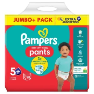 Pampers Baby-Dry sauskelnės-kelnaitės 5+ dydis, 58 vnt. (12–17 kg)