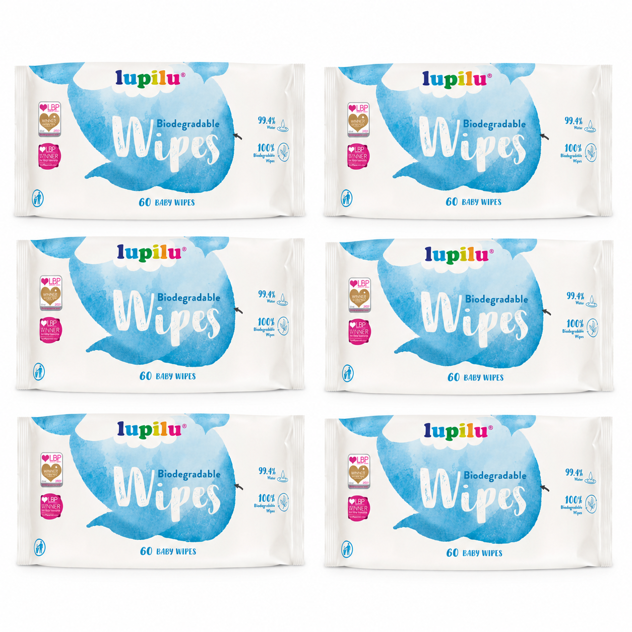 Drėgnos servetėlės Lupilu Pure Wipes Extra Sensitive, 99.4% vanduo, 6 pakuotės po 60 vnt.