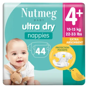 Nutmeg Baby Ultra Dry užsegamos sauskelnės 4+ dydis, Extra Absorbent, 10–15 kg (44 vnt.)
