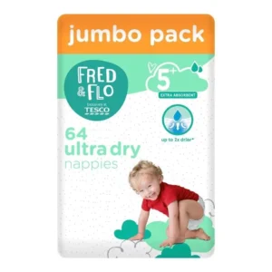 Fred & Flo Ultra Dry sauskelnės 5+ dydis, Extra Absorbent, Jumbo Pack (64 vnt.)