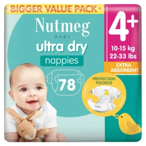 Nutmeg Baby Ultra Dry sauskelnės 4+ dydis, Extra Absorbent, 10–15 kg (78 vnt.)
